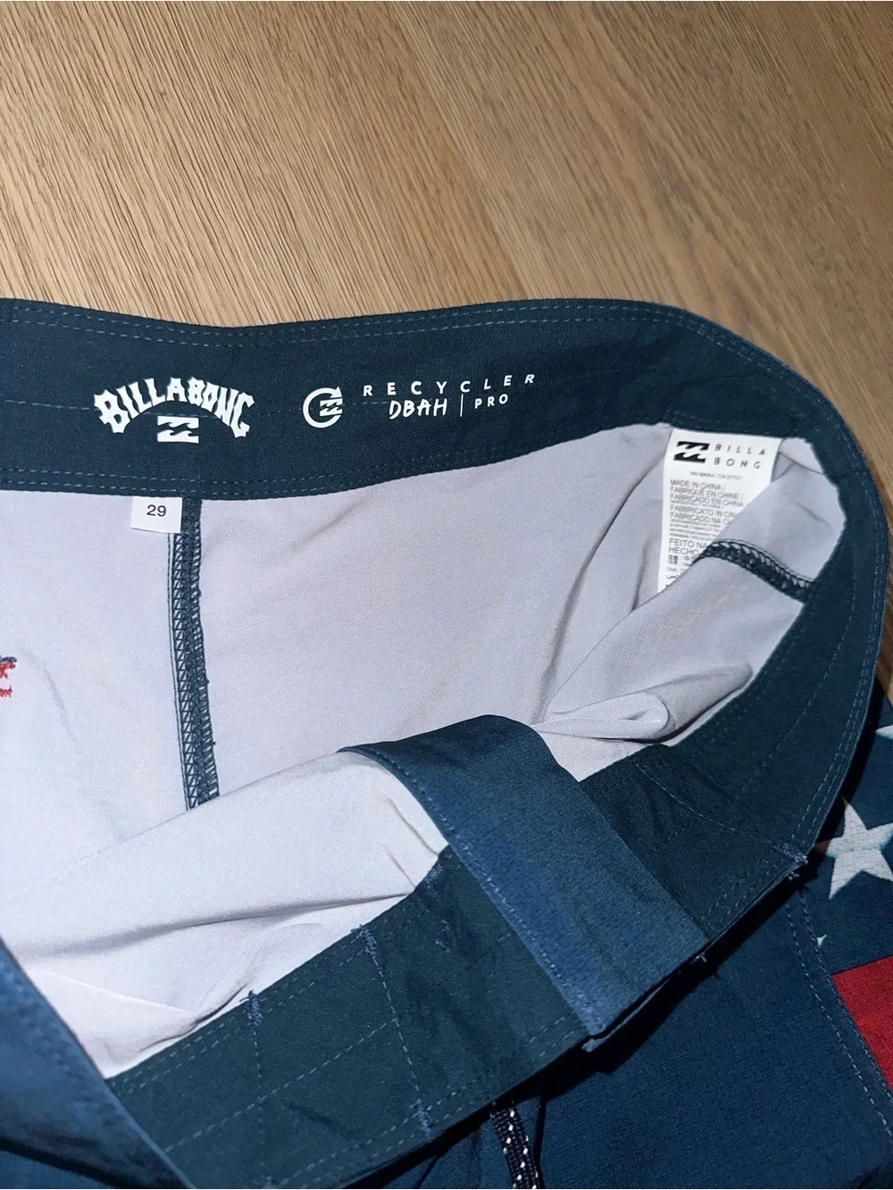 Billabong Men’s Navy Boardshorts with Camo Panel and Flag Stripe